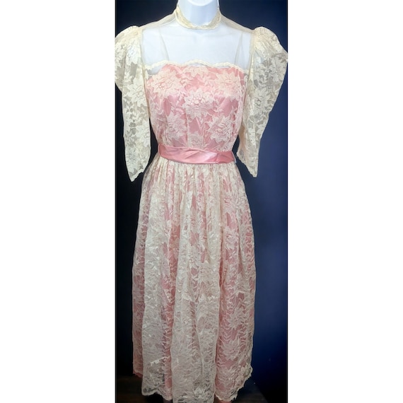 Vintage Handmade Pink Satin White Lace Floral Dre… - image 1