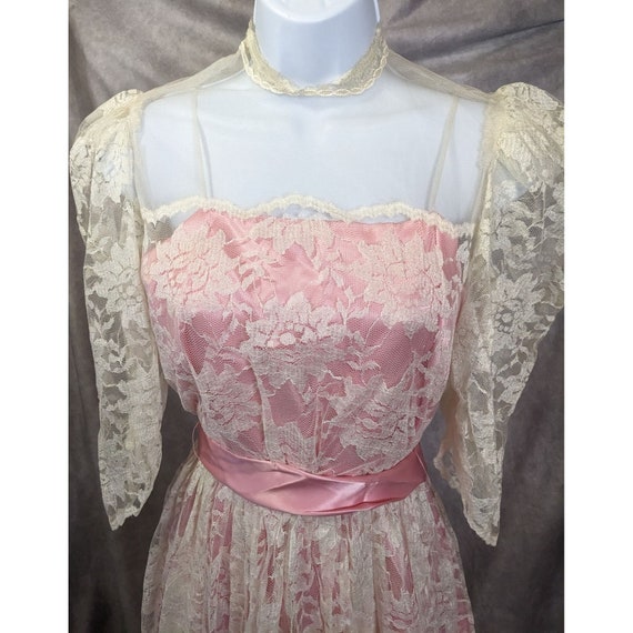 Vintage Handmade Pink Satin White Lace Floral Dre… - image 9