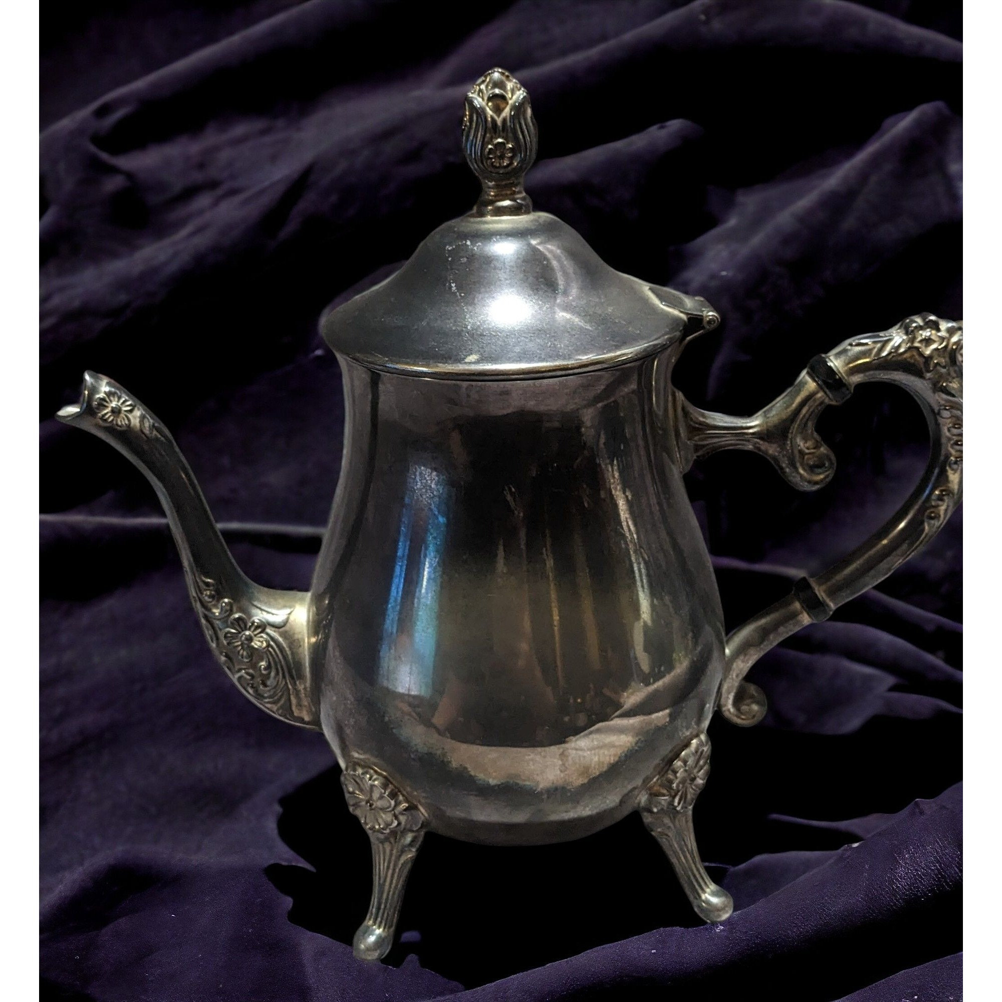 Maxben Vintage Silver Plated Floral Footed Brass Teapot