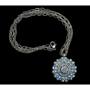 Vintage Blue And Silver Tone Floral Rhinestone Medallion Necklace
