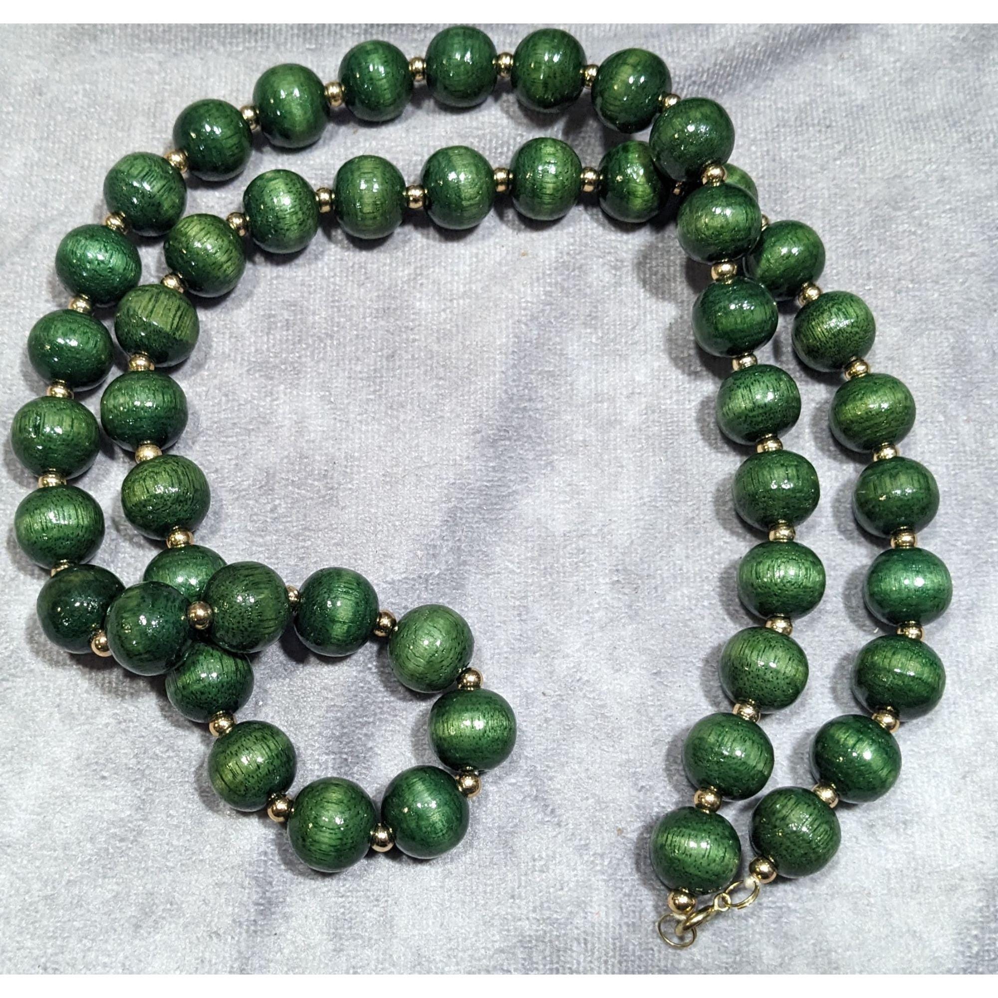 Collier Perles Bois Vintage Vert Et Or - Fermoir Vis P, Très Bon état - Bijou Fantaisie Femme