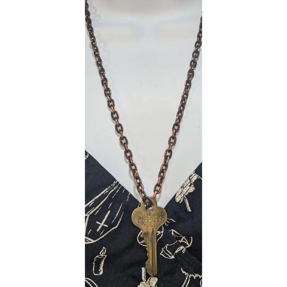 Vintage Liberty Key Pendant Necklace Copper Chain Skeleton Key Statement Jewelry