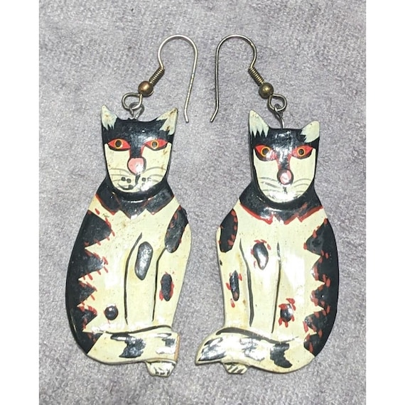 Vintage Wooden Cat Earrings - image 2