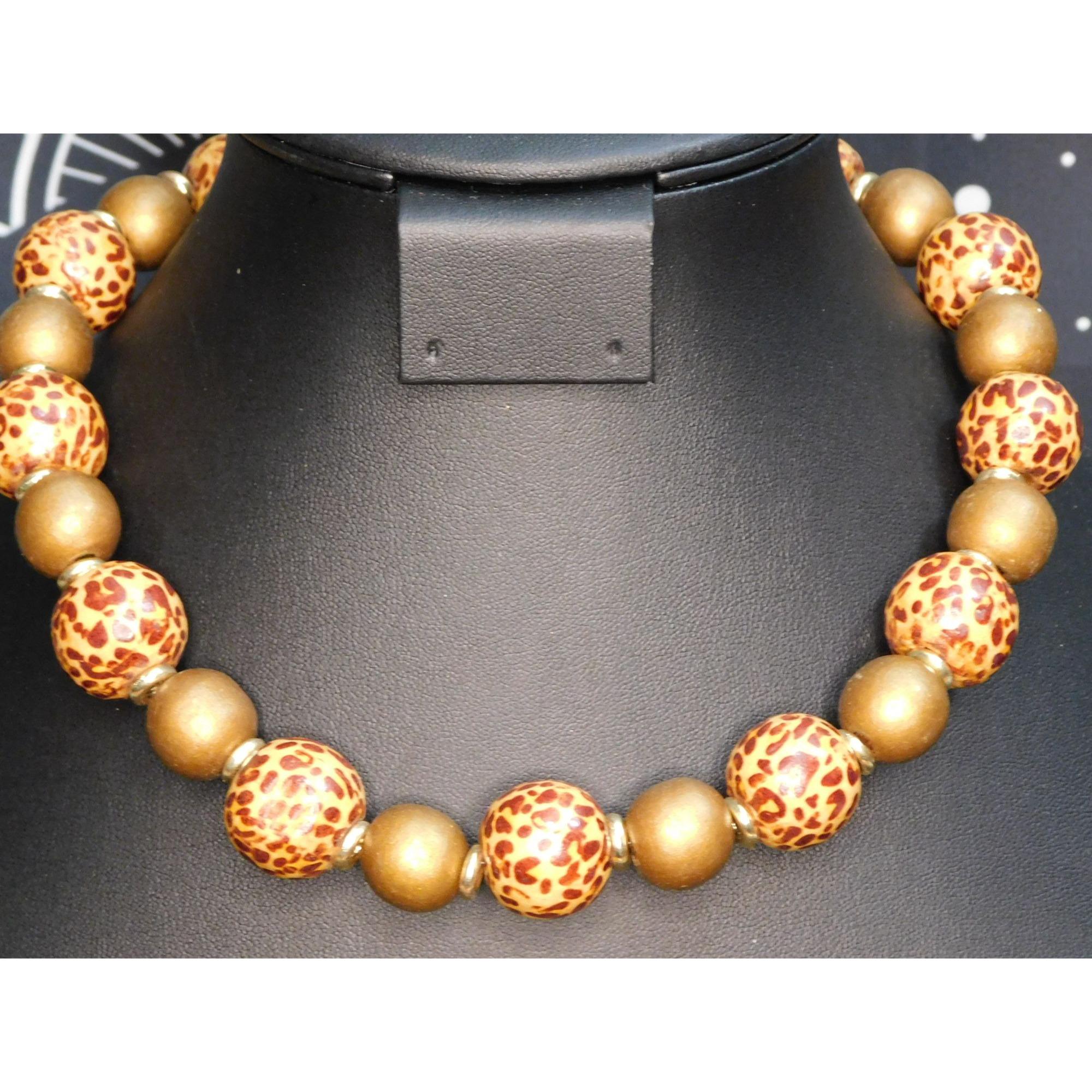 Vintage Wooden Leopard Print Painted Beaded Necklace