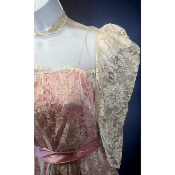Vintage Handmade Pink Satin White Lace Floral Dre… - image 6