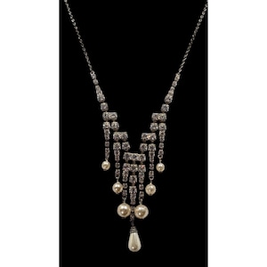 Vintage Rhinestone And Faux Pearl Chandelier Bridal Necklace