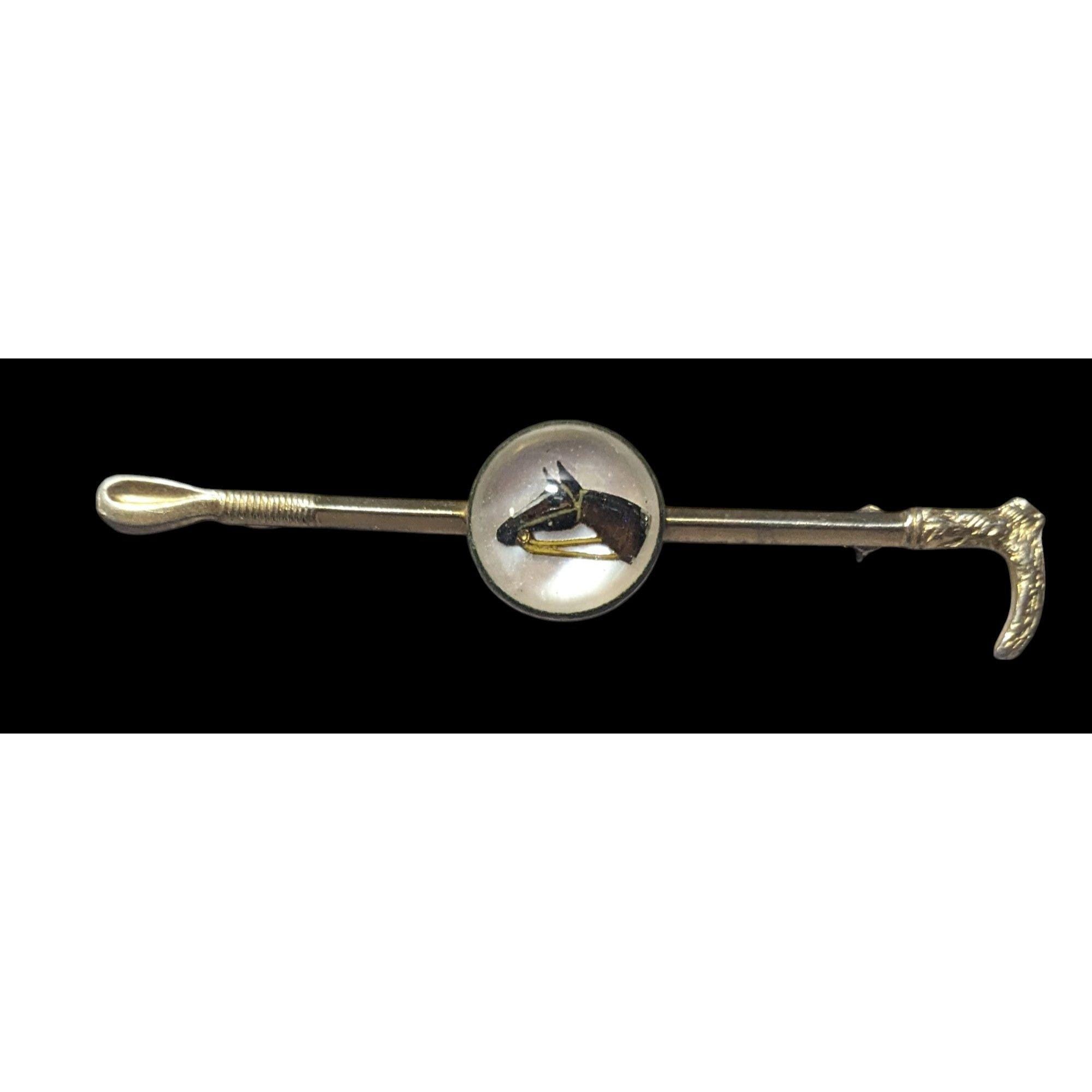 Broche Vintage En Argent - Motif Fer à Cheval Et Cravache - Occasion (épingle Légèrement Déformée)