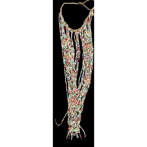 May include: A multi-strand necklace featuring a cascade of colorful beads in shades of red, yellow, blue, and green. The necklace has a gold-toned chain and a woven upper section. The beads are strung in a vertical, fringed design.