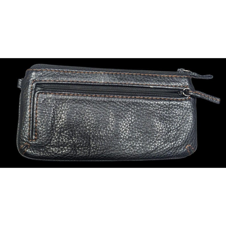 May include: A black leather wallet with a zipper closure and two additional zippered pockets on the front.