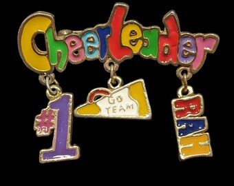 Vintage Rainbow Cheerleader Dangling Charm Brooch Signed DM