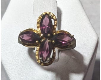 Vintage Elegant Floral Purple Stone Gold Tone Ring Size 6
