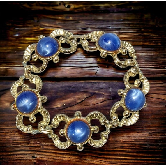 Vintage Art Nouveau Gold And Blue Gemmed Bracelet - image 1