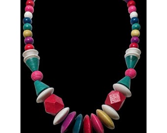 Vintage Rainbow Wood Beaded Statement Necklace