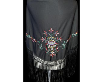 Vintage Floral Hand Embroidered Triangle Scarf With Fringe