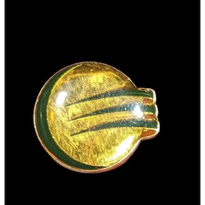 May include: A gold-coloured pin with a circular design. The pin features three horizontal green stripes across the centre and a green border. The pin has a rounded shape with a small, rectangular extension on one side.