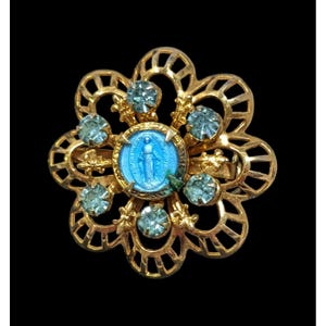 Vintage Religious Madonna/Mary Gold Tone And Blue Flower Brooch