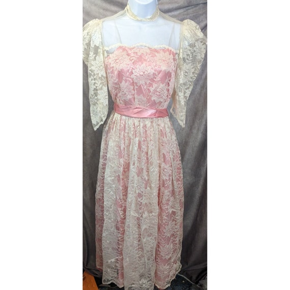 Vintage Handmade Pink Satin White Lace Floral Dre… - image 8