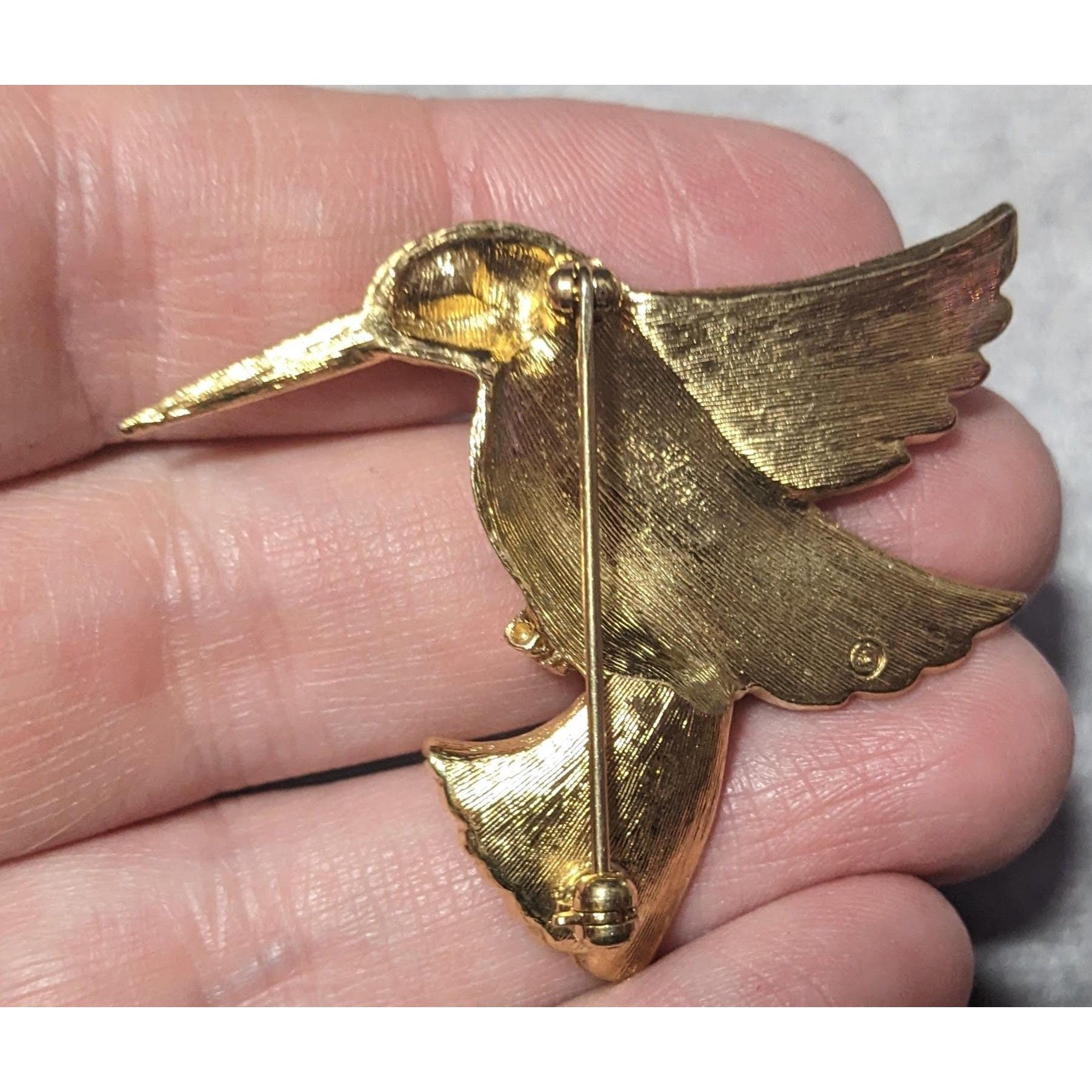 Broche Ancienne Colibri En Métal Doré Et émaillé Rouge - Bijou Vintage Oiseau - Occasion