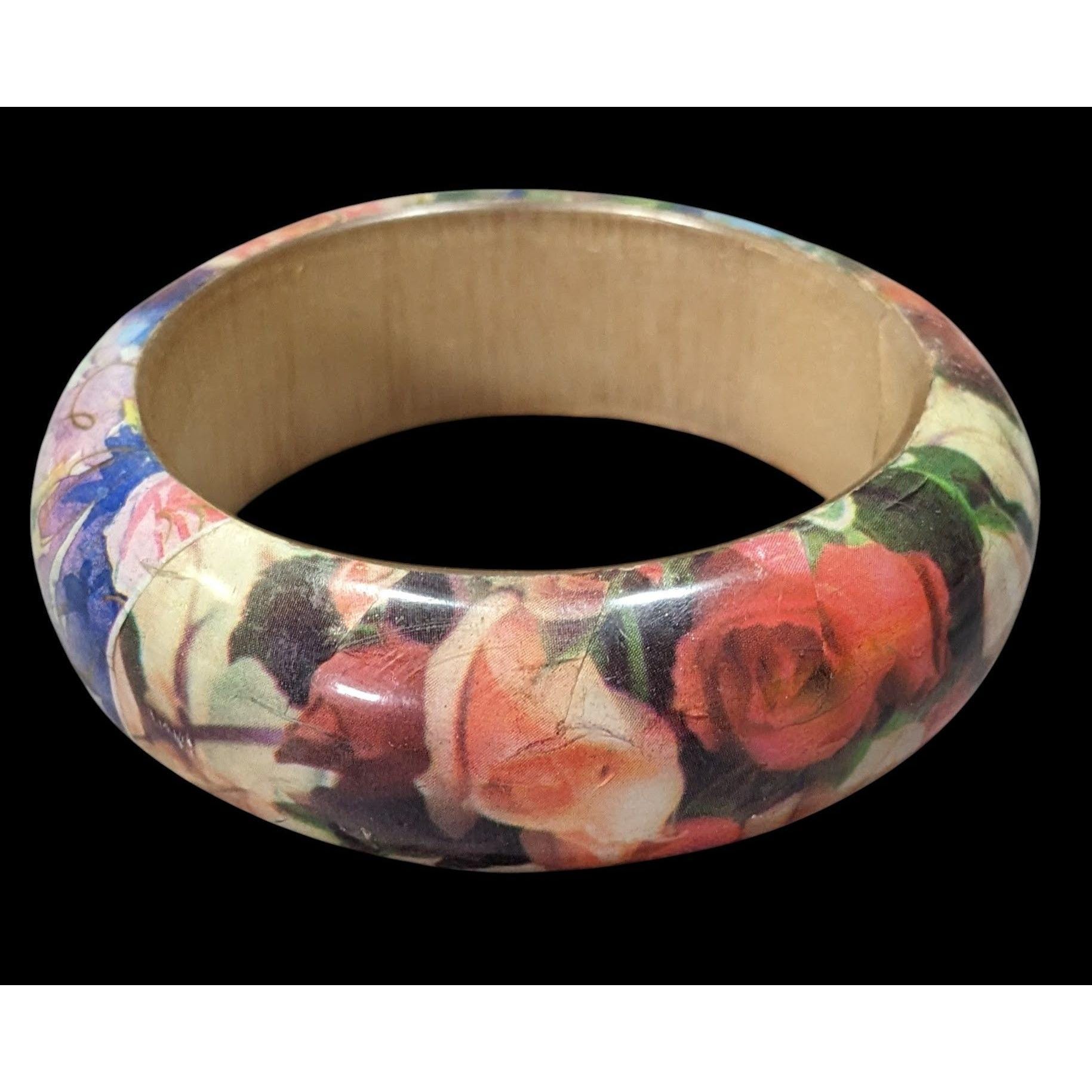 90s Romantic Floral Decoupage Chunky Bangle Bracelet New