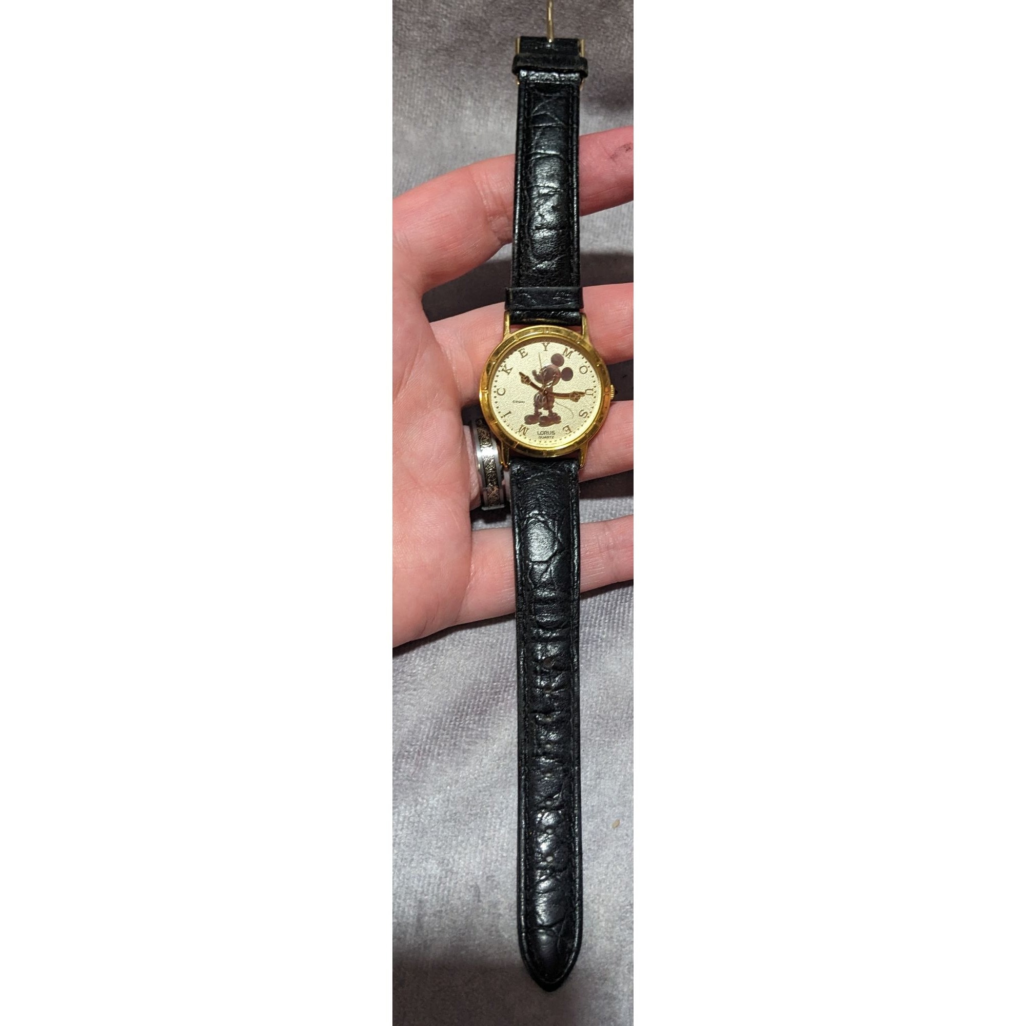 Disney Lorus Mickey Mouse Gold-Toned Watch Black Band Rare The Beats and Pieces | SOLD 1990s Seiko Lorus Mickey Mouse  main image 2