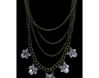 Collana vintage anni '90 in stile floreale glamour a più strati con ciondoli a goccia di cristallo e catene color bronzo