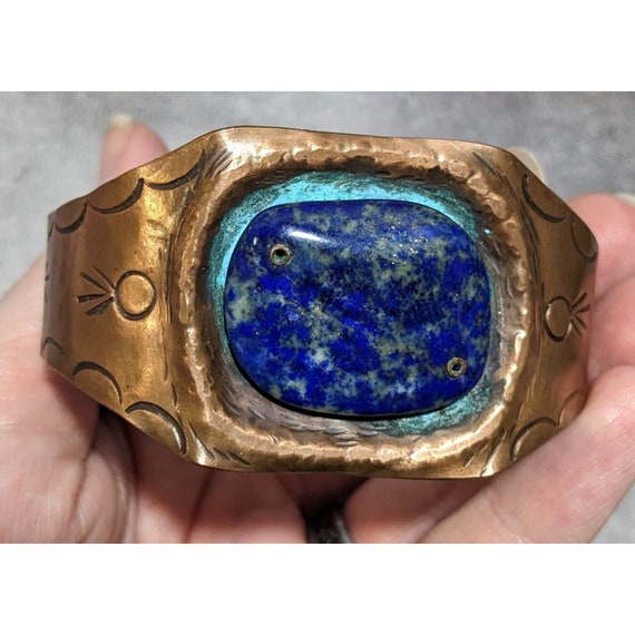 Lapis Lazuli Copper Engraved Cuff Bracelet - image 6