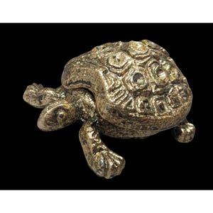May include: A gold-colored metal turtle figurine with a detailed shell and four legs. The turtle is a decorative object.
