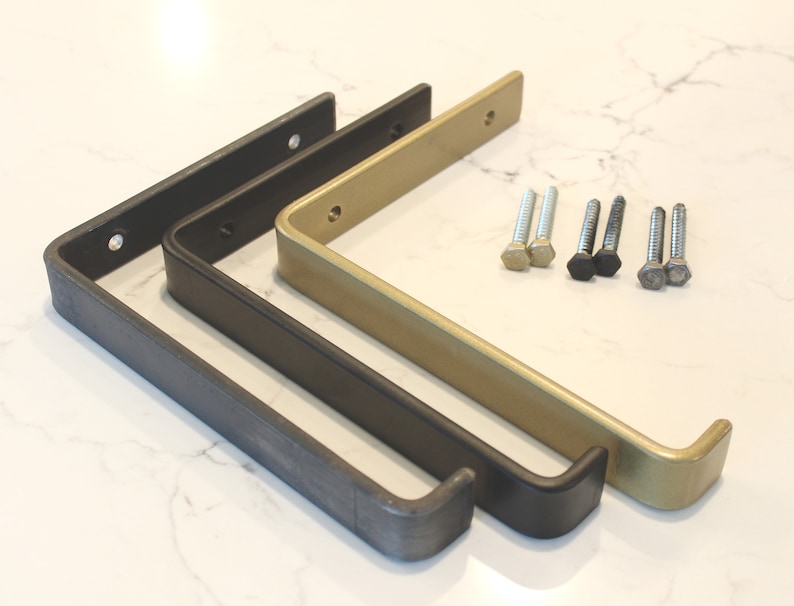 Floating metal shelf brackets available in Brass Black and Raw finish