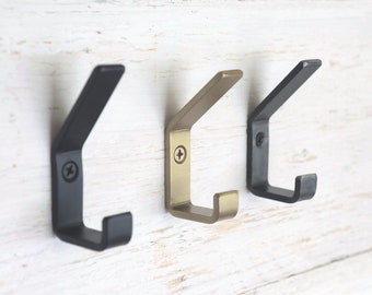 Brass Coat Hook for modern farmhouse walls, cabinets and mudrooms- available in brass, black, and steel