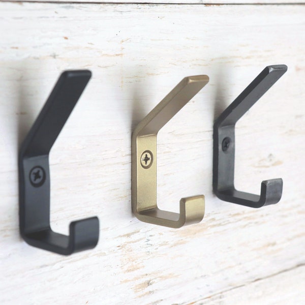 Brass Coat Hook for modern farmhouse walls, cabinets and mudrooms- available in brass, black, and steel