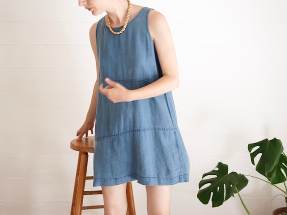 Vintage 90s Linen Mini Dress // Blue Linen Trapeze