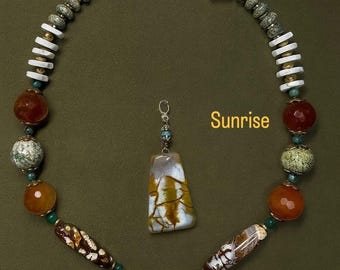 Artisan Carnelian Necklace and Earrings – Citrine, Jasper, Howlite, African turquoise