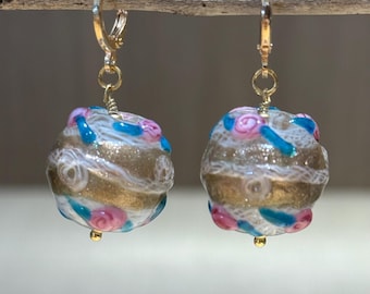 Handmade Lampwork Glass Floral Earrings • Gold-Plated Hoops