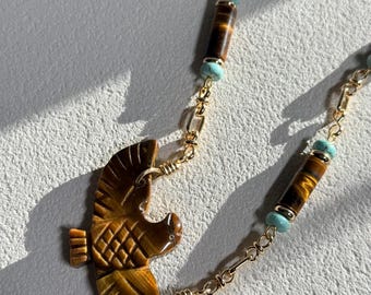 Quiet Courage – Tiger’s Eye Eagle Necklace with Turquoise Accents, One of a Kind