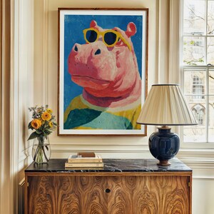 Hippo Wall Art, Funny Animal Print, Cool Hippo Poster, Whimsical Zoo Decor, Colorful Animal Wall Art, Sunglasses Hippo Artwork, Bold Pet Art
