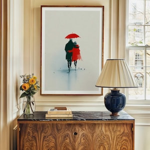 Couple Under Red Umbrella Art Print, Romantic Watercolor Wall Art, Walking in Rain Print, Anniversary Gift, Bedroom Wall Decor