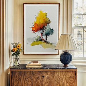 Autumn Trees Watercolor Print: Fall Landscape Wall Art