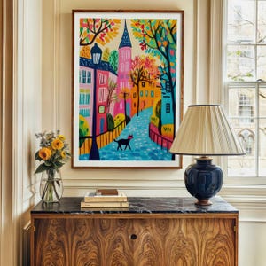 Paris Street Art Print: Colorful Cityscape with Black Cat