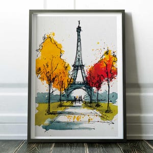 Eiffel Tower Autumn Watercolor Art Print: Paris Cityscape