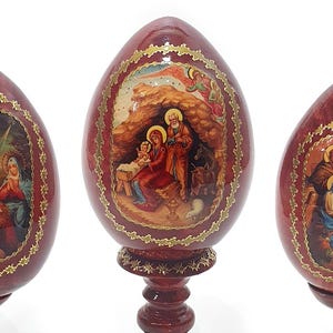 Œufs de Pâques décoratifs russes faits main avec icônes chrétiennes, artisanat en bois peint, décoration religieuse orthodoxe, set d’œufs avec support, cadeau spirituel vintage