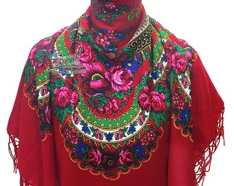 Traditionele Slavische sjaal/omslagdoek uit Rusland en Oekraïne, gemaakt van acrylwol en versierd met handgeknoopte franjes. Ref: 12ACRA1