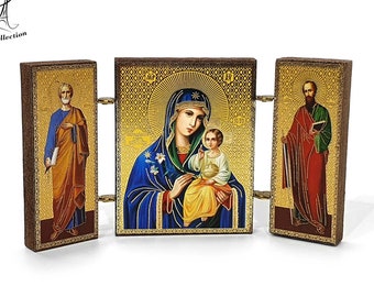 Russian Orthodox triptych icon, Virgin Mary, Saint Peter, Saint Paul, pocket icon for travel and religious decoration. IC1P3