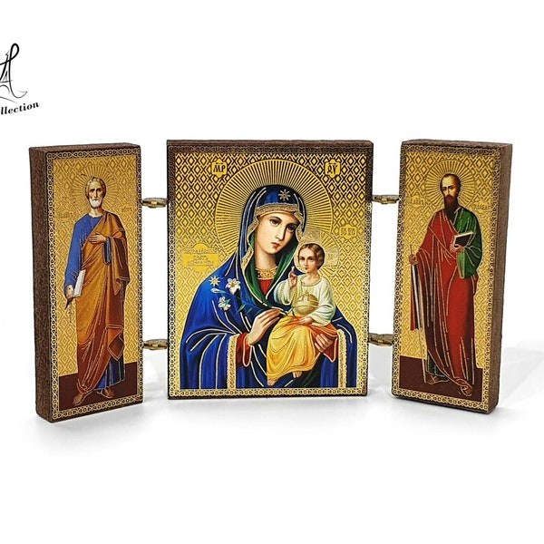 Triptyque Icône Orthodoxe Russe Vierge Mère Dieu Fleur Éternelle Artisanat Religieux Russian Triptych Icon Lady Unfading Flower. Réf:IC1P3