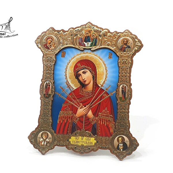 Russian Orthodox Icon Mother Seven Arrows God Virgin Mary Semistrelnaya. Seven-Arrows Mother of God Orthodox Christian Icon. Ref:IC5M/G4