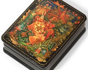 Alice in Wonderland Russian Lacquer Jewelry Box, Palekh Style Miniature, Handmade Collectible Box, Traditional Russian Craft. Ref:8B6D4