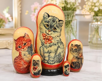 Cat Matryoshka Dolls, Russian Nesting Dolls Set of 5, Hand Painted Wooden Cat Collectible, Unique Gift for Cat Lovers, Folk Art Decor.  A5GA