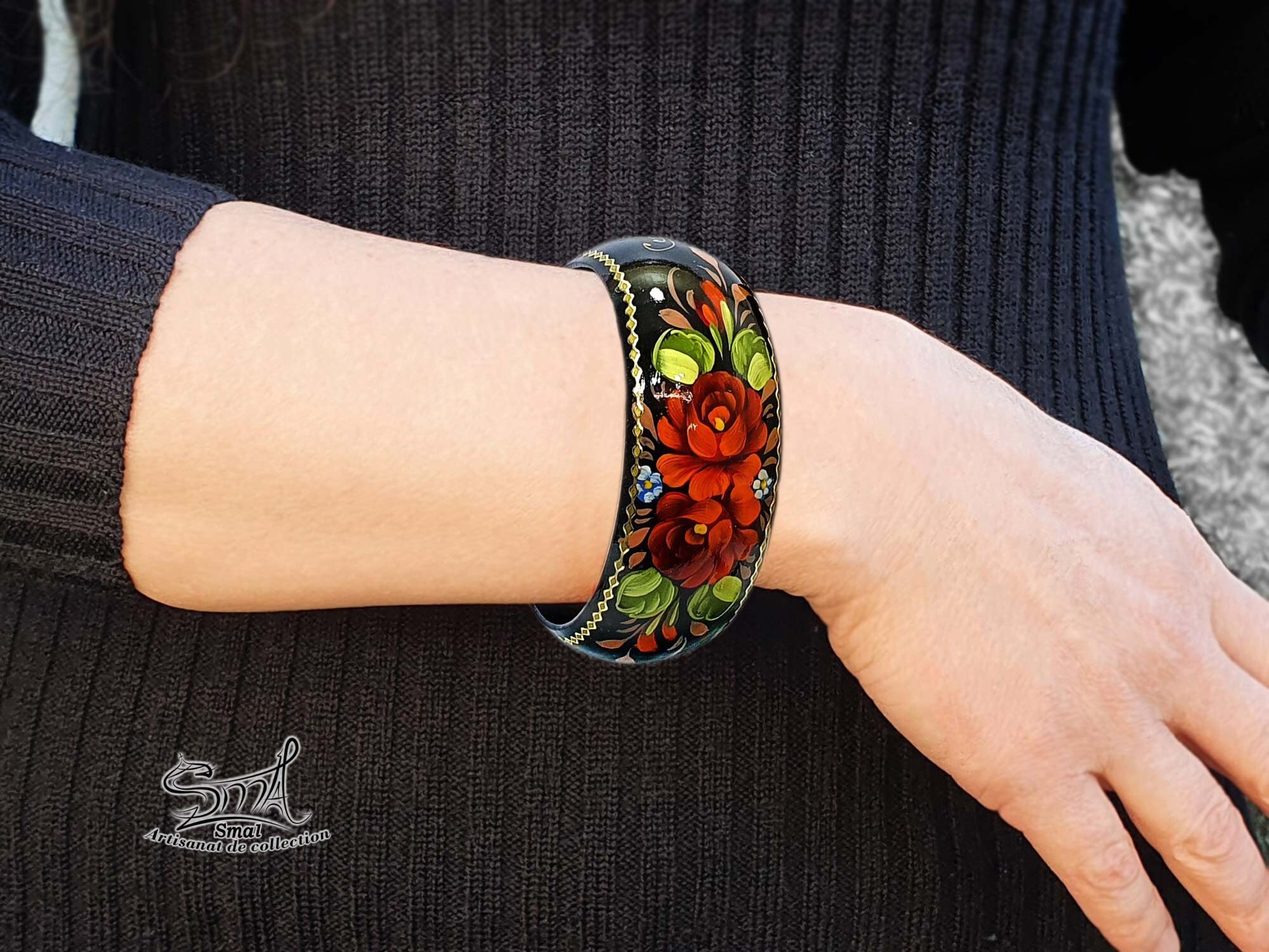 Russian Wooden Bangle Hand Painted Jewelry. Russian Jewelry Wooden