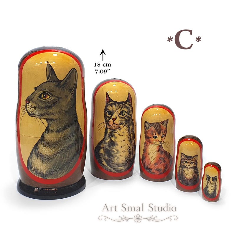 Russian Blue cat hand painted on a wooden Russian nesting doll, collectible Matryoshka set of 5 featuring realistic cat portraits on a white background