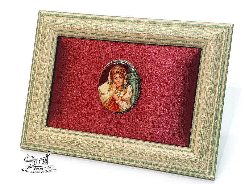 Russian folk art brooch – miniature painting of a traditional woman in costume, handcrafted on real mother-of-pearl.