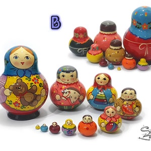 Matriochka russe artisanale 13 cm, série 10 poupées gigognes, décor enfant avec ours en peluche et motifs floraux colorés